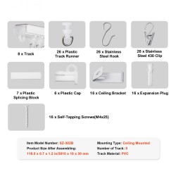 Kattokiinnitteinen muovinen kolmen metrin verhokiskosarja itsekiinnittyvä valkoinen kahdeksanosainen verhoille