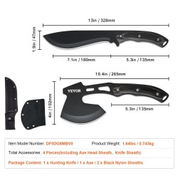 Metsästysveitsi ja kirvessetti neliosainen ruostumatonta terästä kumikahvoilla retkeilyyn