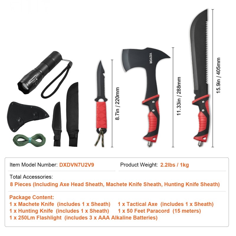Retkityökalusetti 30Cr13-ruostumatonta terästä sisältää 16-tuumaisen viidakkoveitsen kirveen ja metsästysveitsen retkeilyyn