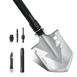 Taitettava monitoimilapio 8 osainen kompakti jatkovarsilla säädettävällä lapionpäällä retkeilyyn