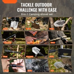 Taitettava monitoimilapio 8-osainen kompakti jatkovarsilla säädettävällä lapionpäällä retkeilyyn