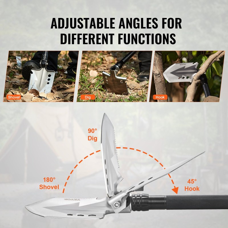 Taitettava monitoimilapio 8-osainen kompakti jatkovarsilla säädettävällä lapionpäällä retkeilyyn
