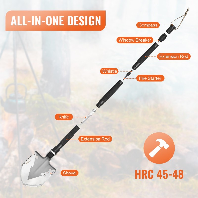 Taittuva monitoimilapio 11 osaa säädettävällä lapiopäällä jatkovarsilla retkeilyyn ja hätätilanteisiin