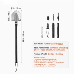 Taittuva monitoimilapio 11 osaa säädettävällä lapiopäällä jatkovarsilla retkeilyyn ja hätätilanteisiin