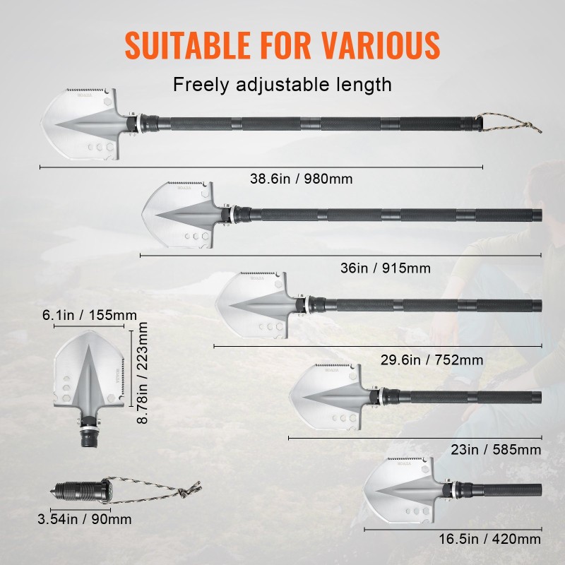 Taitettava selviytymislapio 13-osainen kompakti säädettävä kulma pidennettävillä jatkovarsilla