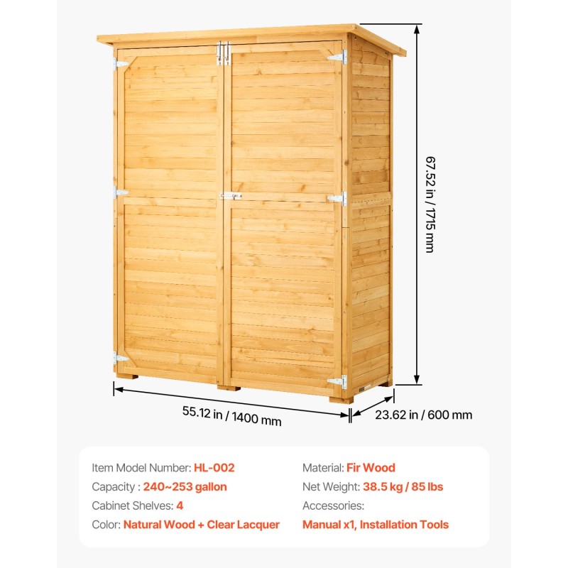 Puinen ulkosäilytyskaappi seetripuusta alumiinirungolla vesitiivis katto lukittavat kaksoisovet 1400x600x1715 mm