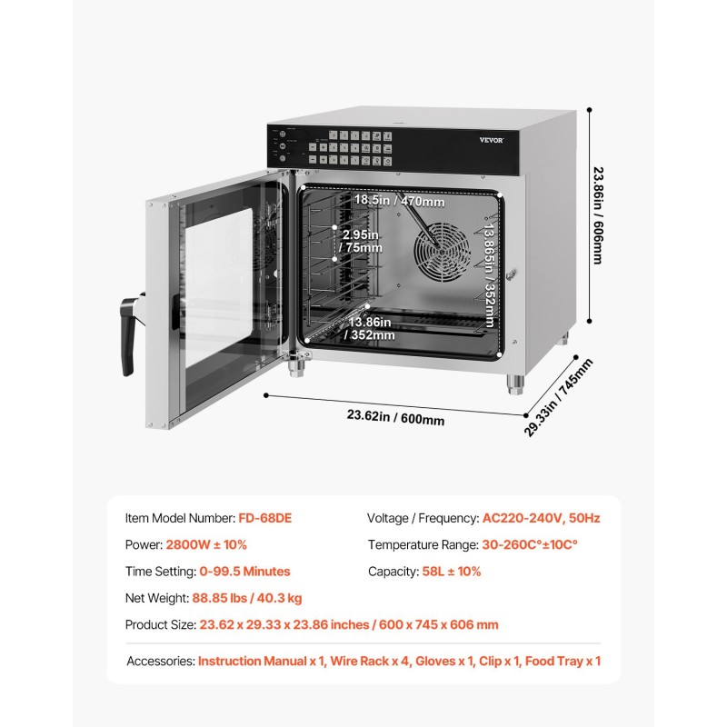 Pöytämallinen kiertoilmauuni 58 litraa 4 tasoa 2800 wattia karkaistu lasiovi ruostumaton teräs