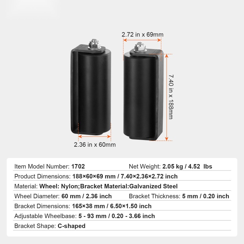 Liukuportin ohjainrullasarja kestävästä teräksestä 60 mm nailonrullat C-muotoinen kiinnike
