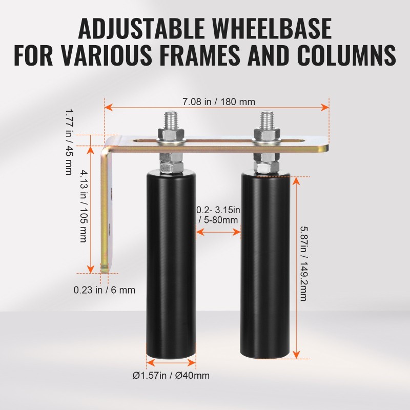 Liukuportin rullasarja kaksinkertaisilla nylonrullilla L-muotoisella teräskannattimella säädettävällä rullavälillä