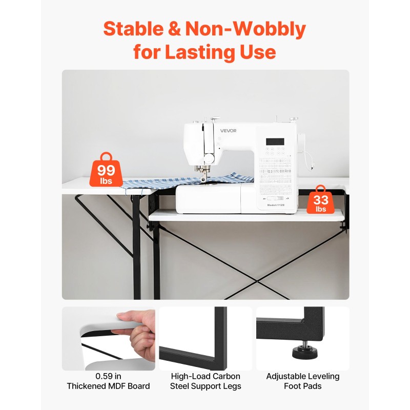 Ompelupöytä valkoinen MDF pöytälevy mustat teräsjalat korkeussäädettävä hylly taitettava sivuhylly