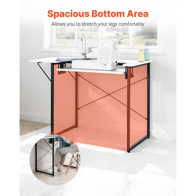 Ompelupöytä valkoinen MDF pöytälevy mustat teräsjalat korkeussäädettävä hylly taitettava sivuhylly