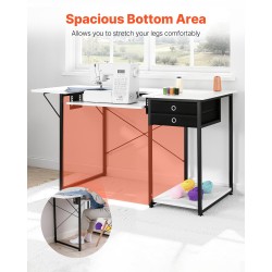 Taitettava ompelupöytä lastulevypöytätaso teräsjaloilla 3 laatikkoa taittuva sivuhylly korkeussäädettävä hylly