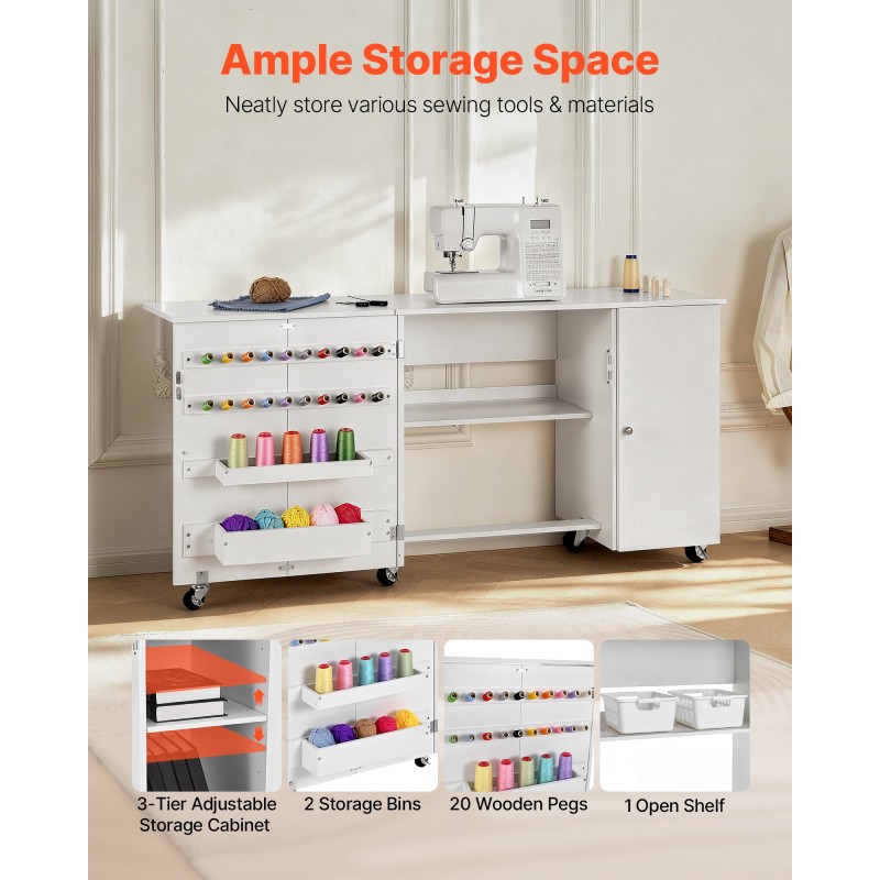 Taitettava ompelupöytä PB-levy valkoinen 6 pyörää 3 lukittavaa kolmitasoinen säilytys