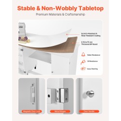 Taitettava ompelupöytä PB-levy valkoinen 6 pyörää 3 lukittavaa kolmitasoinen säilytys