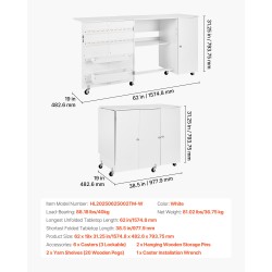 Taitettava ompelupöytä PB-levy valkoinen 6 pyörää 3 lukittavaa kolmitasoinen säilytys