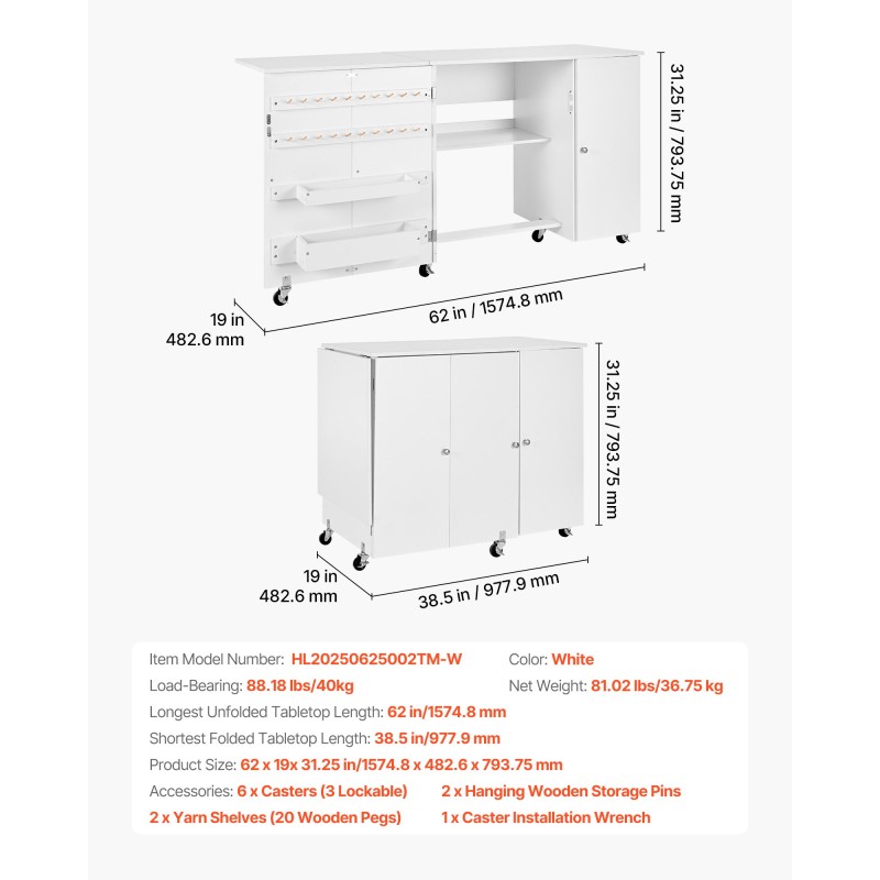 Taitettava ompelupöytä PB-levy valkoinen 6 pyörää 3 lukittavaa kolmitasoinen säilytys