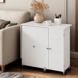 Taitettava ompelupöytä PB-levy valkoinen 6 pyörää 3 lukittavaa kolmitasoinen säilytys