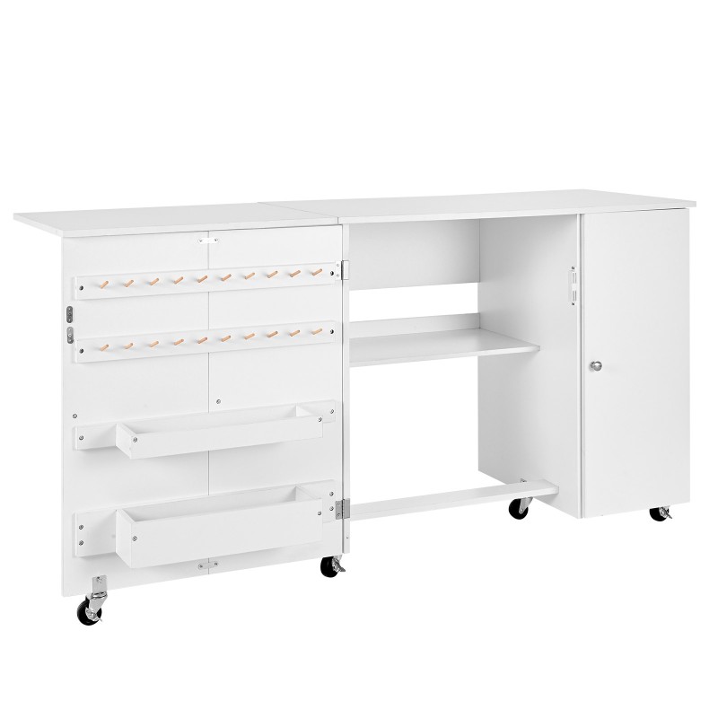 Taitettava ompelupöytä PB-levy valkoinen 6 pyörää 3 lukittavaa kolmitasoinen säilytys