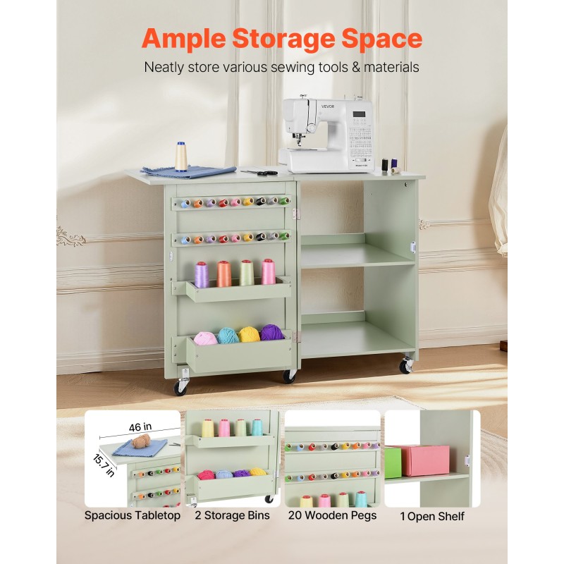 Taitettava ompelupöytä PB-levy vaaleanvihreä 5 pyörää 2 lukittavaa 2 säilytysastiaa 20 puutappia