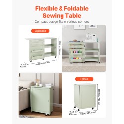 Taitettava ompelupöytä PB-levy vaaleanvihreä 5 pyörää 2 lukittavaa 2 säilytysastiaa 20 puutappia