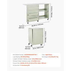 Taitettava ompelupöytä PB-levy vaaleanvihreä 5 pyörää 2 lukittavaa 2 säilytysastiaa 20 puutappia