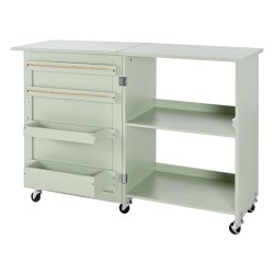 Taitettava ompelupöytä PB-levy vaaleanvihreä 5 pyörää 2 lukittavaa 2 säilytysastiaa 20 puutappia