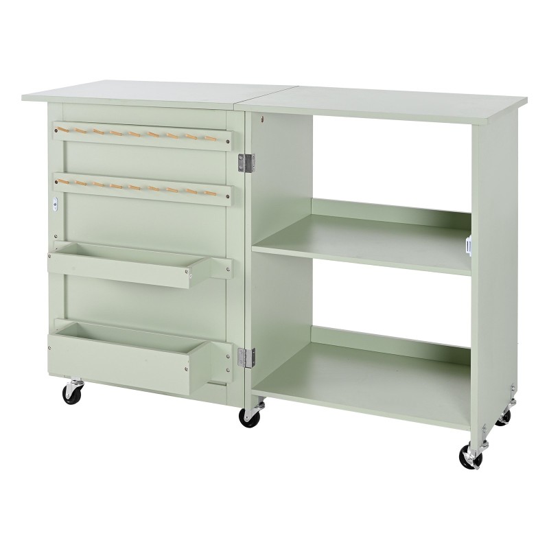 Taitettava ompelupöytä PB-levy vaaleanvihreä 5 pyörää 2 lukittavaa 2 säilytysastiaa 20 puutappia