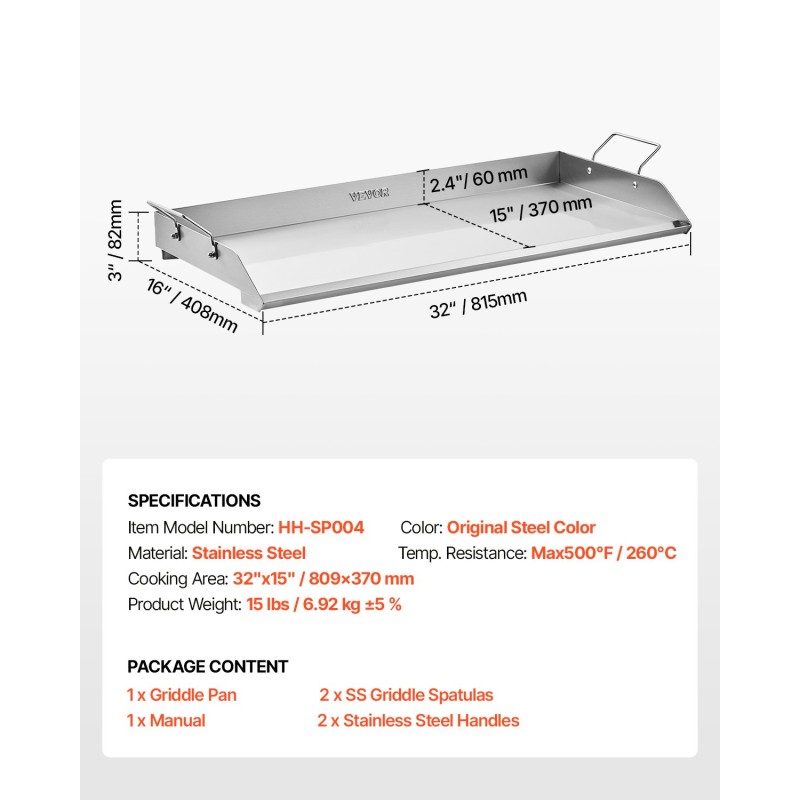 Ruostumaton teräs paistolevy 809x370 mm kahvoilla grillaukseen ja retkille