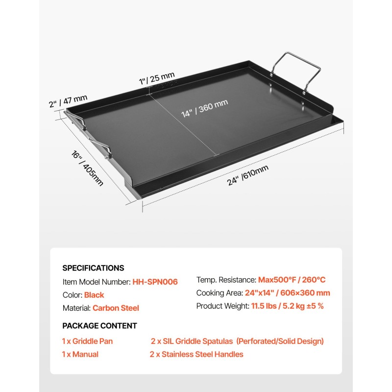 Hiiliteräksinen suorakaiteinen grillitaso 606x360 mm kaasugrilleihin kannettavilla kahvoilla