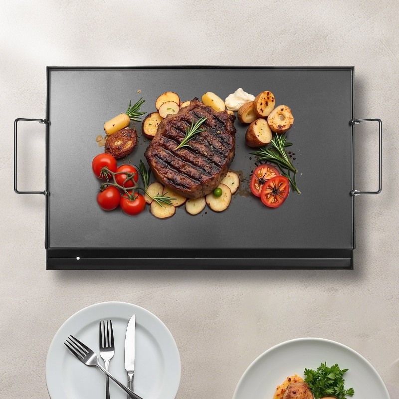 Hiiliteräksinen suorakaiteinen grillitaso 606x360 mm kaasugrilleihin kannettavilla kahvoilla