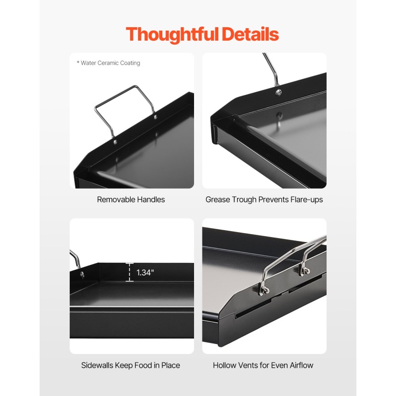 Hiiliteräksinen paistolevy 24x16-tuumainen suorakulmainen kahvallinen kaasugrillille retkeilyyn