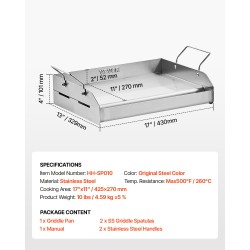 Ruostumaton teräs suorakulmainen paistolevy 17x13 tuumaa kaasugrillille kantokahvoilla