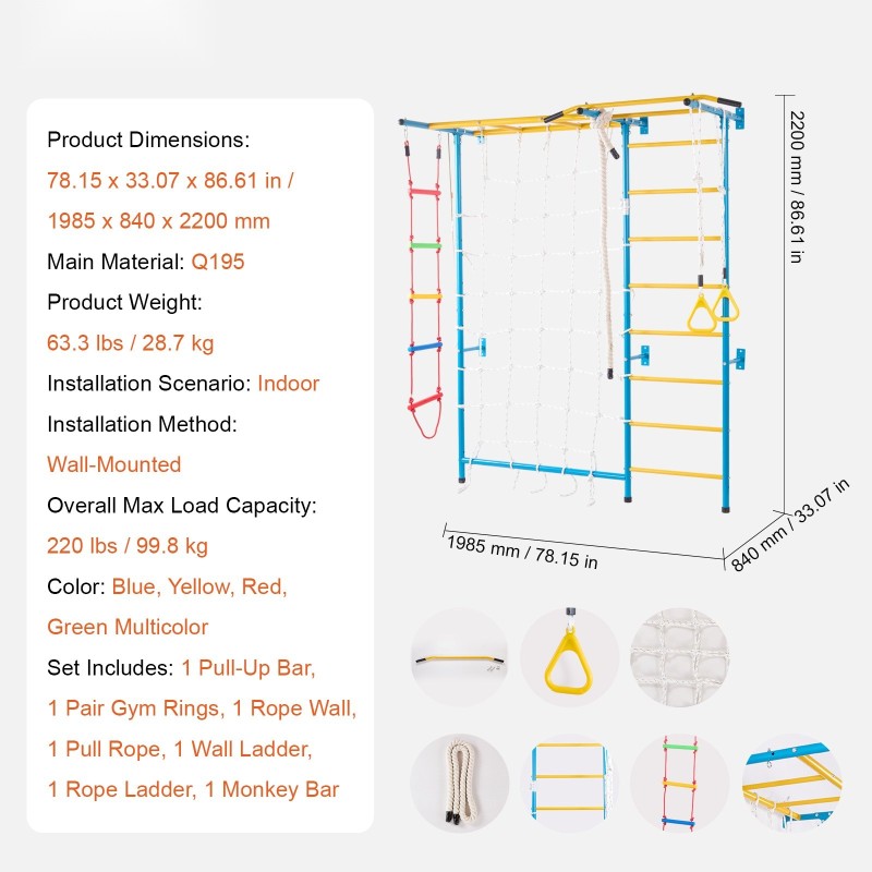Seinäkiipeilyteline hiiliteräs 7-toimintoinen monivärinen lapsille alkaen 3 vuotta 99,8 kg kantavuus