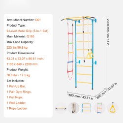 Sisäseinäkiipeilyteline 5-osainen hiiliteräs ruotsalainen tikas leuanvetotanko köysitikkaat voimistelurenkaat 99,8 kg kantavuus