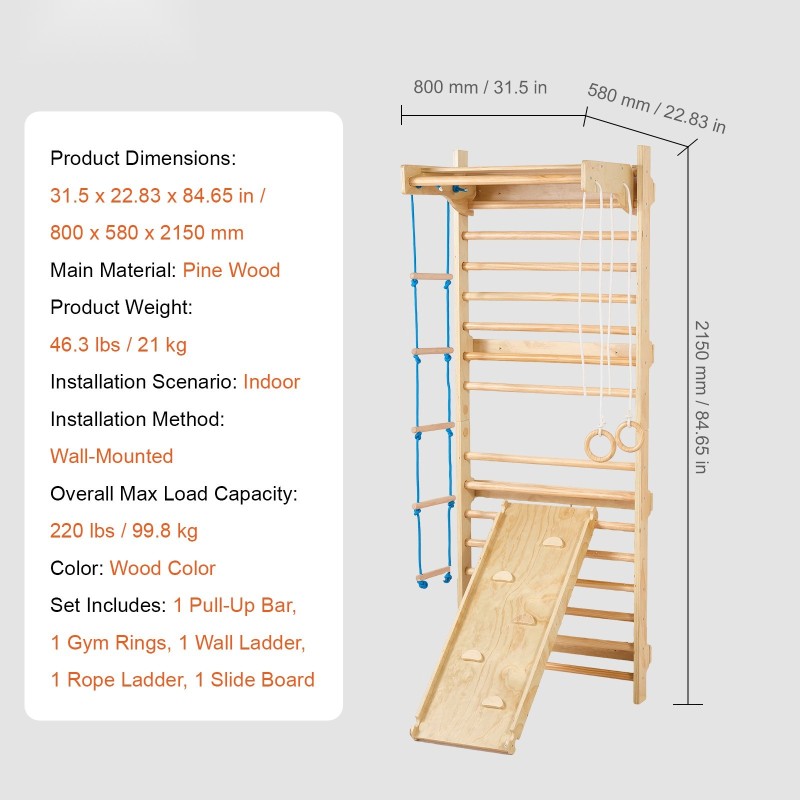 Sisäseinäteline mäntypuinen viisitoiminen 15-tasoa 99,8 kilogramman enimmäiskuorma lapsille ja aikuisille