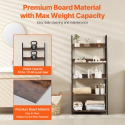 Metallinen 5-tasoinen kirjahylly korkea kapea puunsävyisillä hyllyillä kaatumissuojalla