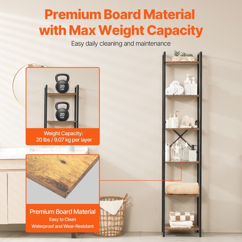 Metallinen kapea korkea kirjahylly 6 tasoa MDF hyllyillä kaatumissuojalla