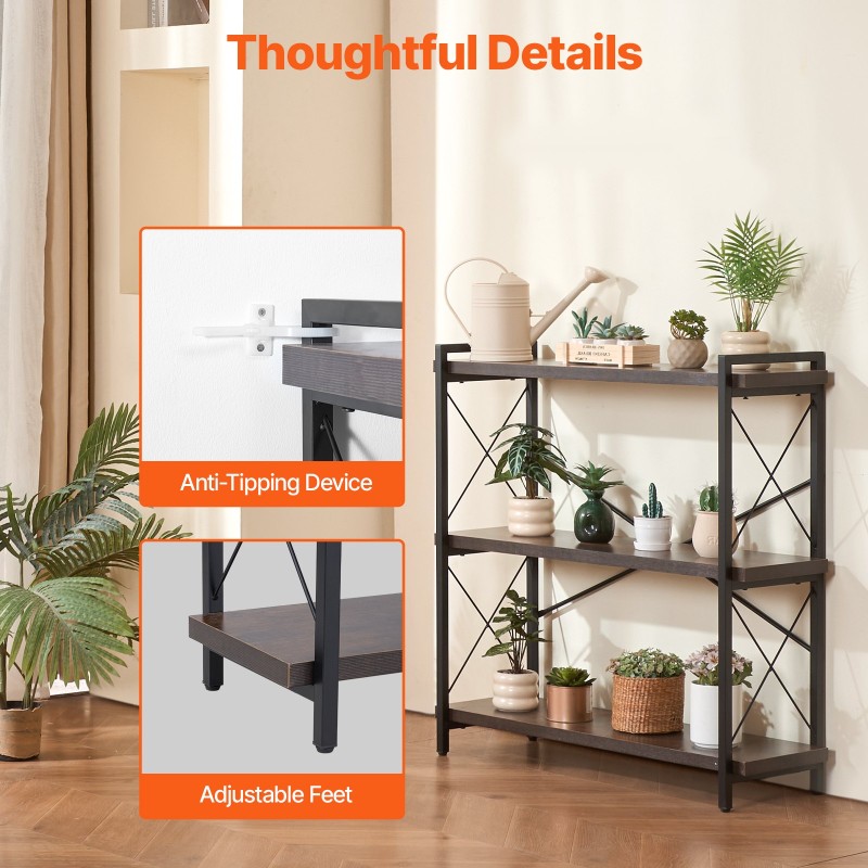 Metallinen 3-tasoinen teollistyylinen kirjahylly avoimilla hyllyillä 900x300x910 mm säädettävillä jalkatassuilla