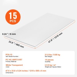 Polykarbonaattilevyt 1210x605x6 mm 15 kpl läpinäkyvät UV-suojatut iskunkestävät kasvihuonekatoksi