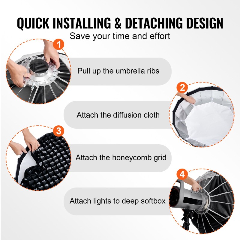Parabolinen softbox 850 mm karkaistut teräskaaret Bowens-kiinnitys 3 diffuusokerrosta ja hunajakennoritilä