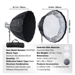 Parabolinen softbox 850 mm karkaistut teräskaaret Bowens-kiinnitys 3 diffuusokerrosta ja hunajakennoritilä