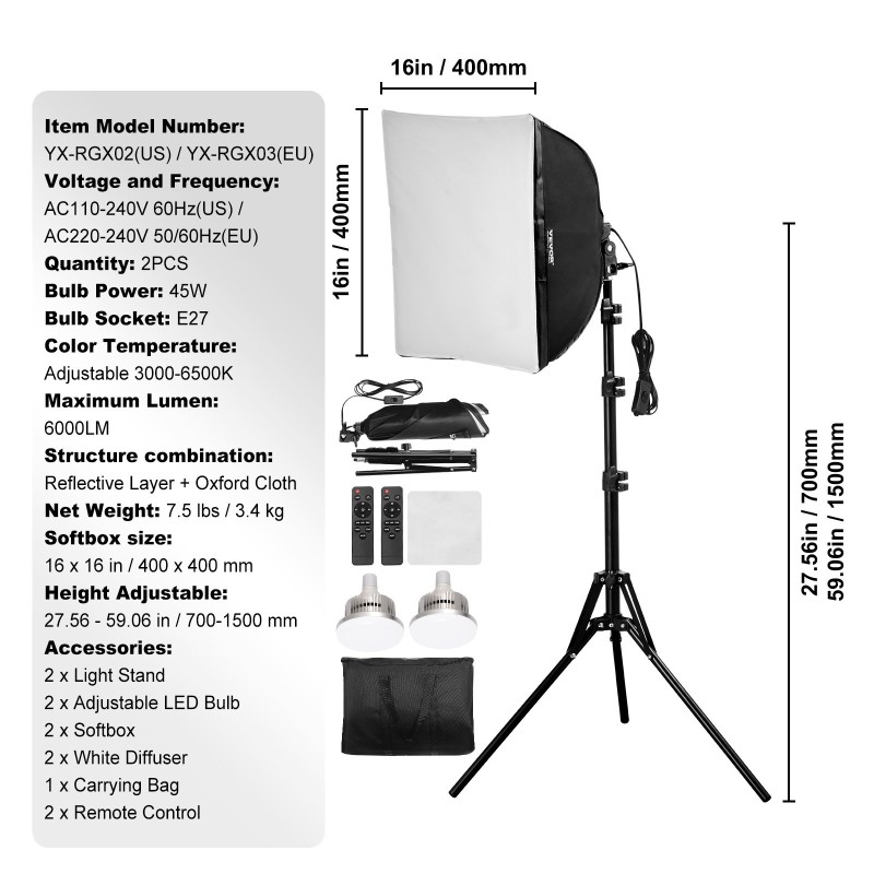 Softbox-valosetti valokuvaukseen 40x40 cm Oxford-kangas 45W LED-lamppu säädettävä 3000–6500K 2 kpl