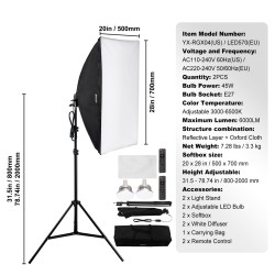 Softbox-valosetti 50 x 70 cm 2 E27-LED-lamppua 45W 3000–6500K valokuvaukseen ja videokuvaukseen