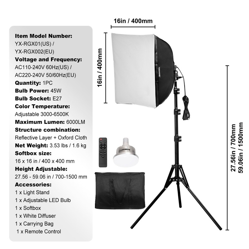 Softbox-valosetti 400 x 400 mm 45-wattinen LED-lamppu säädettävä 3000–6500K