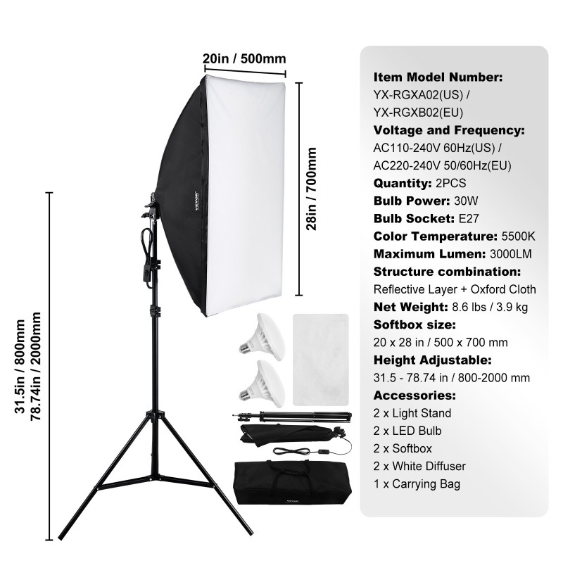 Valolaatikkosetti 50x70 cm 2 kpl 30W LED 5500K korkeussäädettävät jalustat