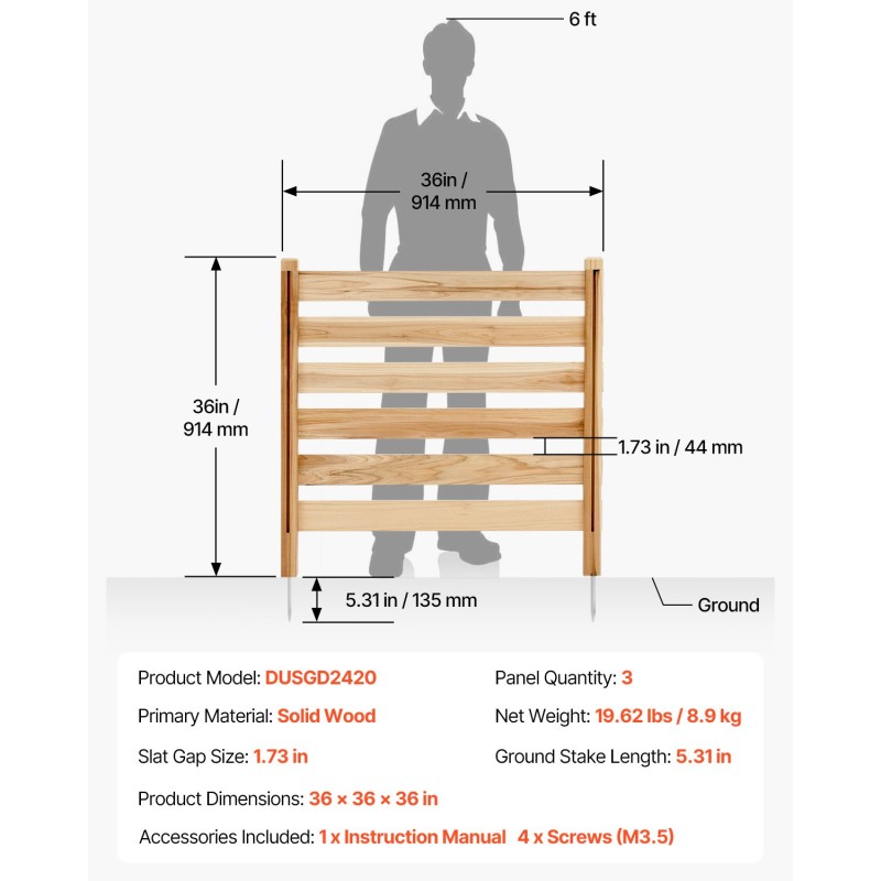 Puun yksityisyysaita täyspuuta metallipaaluilla kolmen paneelin korkeus 914 millimetriä
