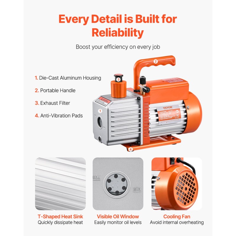 Roottorisiipipumppu 2-vaihe 6 CFM kuparimoottori ilmastointi- ja R134a/R22/R410a-huoltoon