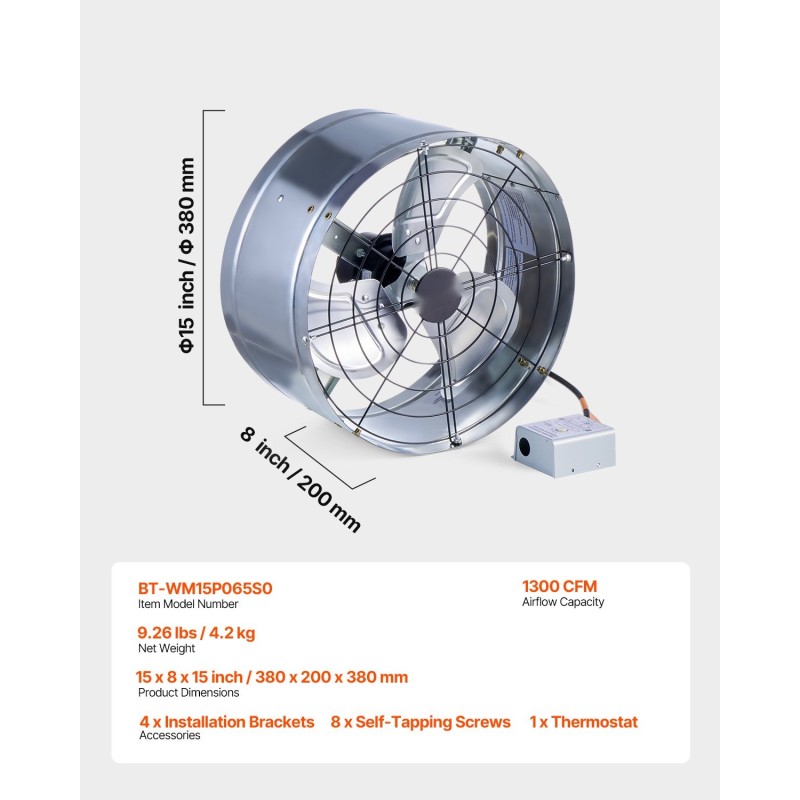 Ullakkopuhallin 15 tuumaa galvanoitu päätyseinään asennettava säädettävällä termostaatilla
