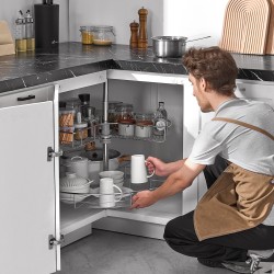 Kulmahylly munuaismallinen kaksikerroksinen kromipinnoitettu hiiliteräsrunko korkeussäädettävä 560–740 mm keittiön alakaappiin