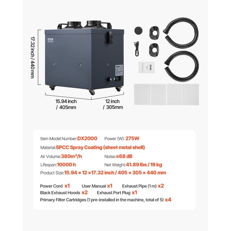 Höyry- ja savunpoistaja 275 wattia harjaton 2 poistoletkua 4-vaiheinen suodatus 10 nopeutta